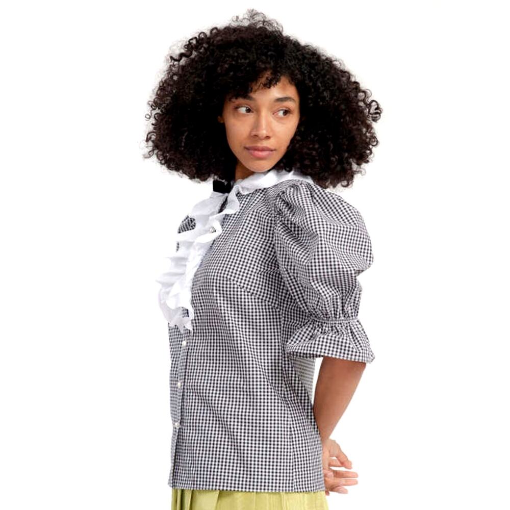 Batsheva Lou Blouse Size 10 Black /White Check Taffeta 3/4 Puffed Sleeves - Picture 3 of 13